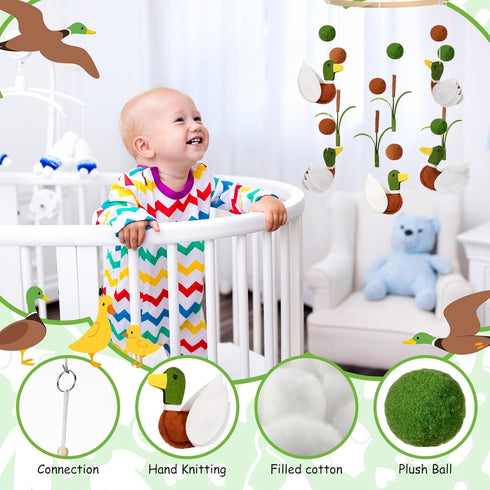 Sonwyoung Mallard Duck Baby Mobile for Crib Nursery Felt Wooden Wild Mallard Duck Hanging Decor for Infant Mobile Crib