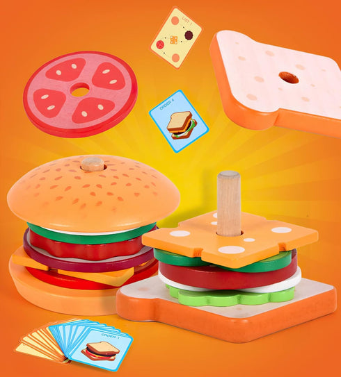Wooden Burger Sandwich Stacking Toys - Play Food Toy for Toddlers, Montessori Educational Toy for 3 Year Olds