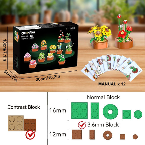 12 Flowers Succulents Mini Building Set, 1403PCS Botanical Collection for Home Décor, Creative Building Project for