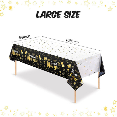 Tatuo 3 Pieces Gold We Will Miss You Tablecloth Going Away Party Decorations, Disposable Plastic Table Cover for