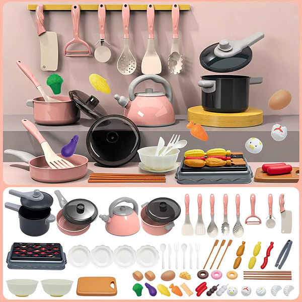 61Pcs Kids Kitchen Toy Accessories Set - Toddler BBQ Cooking Playset with Pots, Pans, and Play Food (Pink)