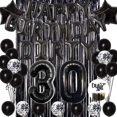 JOYMEMO 30th Birthday Decorations - Black Dirty Thirty Foil Balloon, Cake Toppers, Happy Birthday Banner, Star Confetti