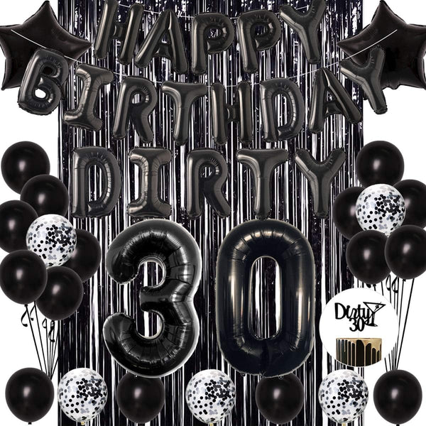 JOYMEMO 30th Birthday Decorations - Black Dirty Thirty Foil Balloon, Cake Toppers, Happy Birthday Banner, Star Confetti