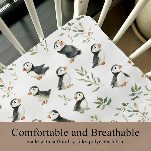 Wicbfdfv 28"x52" Watercolor Puffins Boho Leaves Fitted Crib Sheet for Baby Girls Boys Cute Bird Baby Sheet for Standard