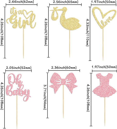 Gyufise 36 Pack Oh Baby Cupcake Toppers, It's a Girl Cupcake Toppers with Bow Dress Glitter Cake Picks for Baby Shower