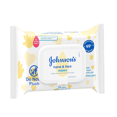 99% 25 Count Johnson's Baby Disposable Hand & Face Cleansing Wipes, Pre-Moistened Wipes Gently Remove of Germs & Dirt