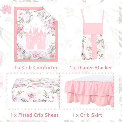 4-Piece Set Set TANOFAR Crib Bedding for Baby Girls, Floral Castle Nursery Bedding Includes Comforter, Fitted Crib