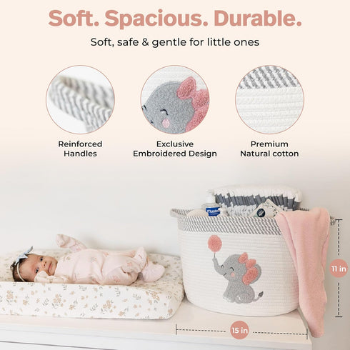 15x11 Elephant Storage Basket for Nursery Large Cotton Rope Bin with Soft Felt Elephant Patch Toy Organizer, Baby