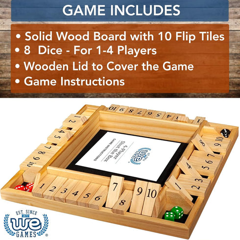 WE Games Classic Shut The Box Board Game - 4 Player Wooden Dice Game, Natural Wood, 14 in., 10 Numbers