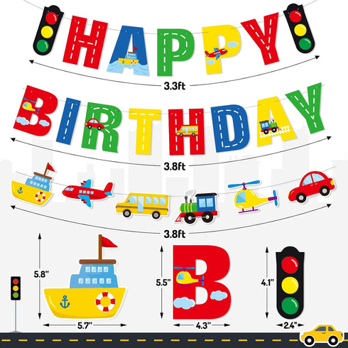 Faisichocalato Transportation Happy Birthday Banner, Car Bus Train Plane Photo Props Garland for Kids Party