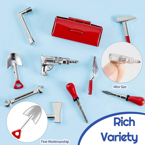 10 Pieces Mini Dollhouse Tool Set, Includes Red Tin Box, Outdoor and Repair Tools