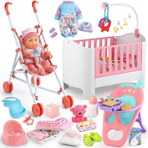 Baby Doll Crib and Stroller Accessories Play Set with 11" Baby Doll,Dining
