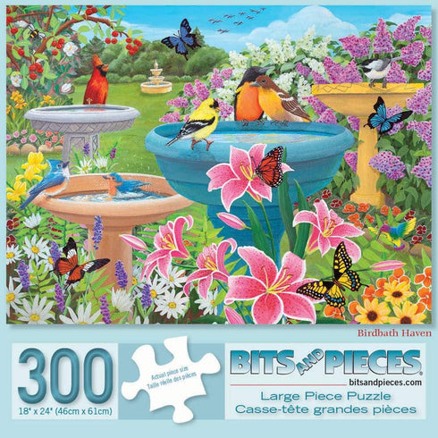 Bits and Pieces - 300 Piece Jigsaw Puzzle for Adults 18" x 24" - Birdbath Haven - 300 pc Butterfly Flower Bird Bath Spring Jigsaw by Artist Kathy Bambeck