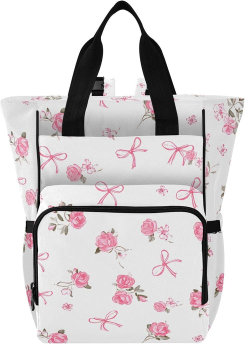 Bolaz Pink Rose Bow White Diaper Bag Backpack Tote Multifunction Baby Nappy Changing