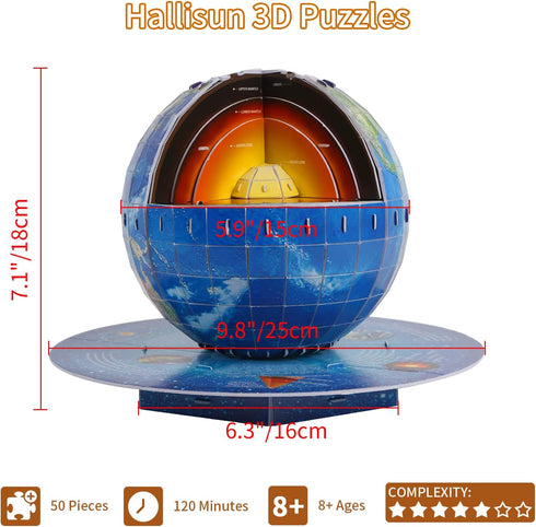 3D Geography Puzzle for Kids Ages 8-14, Earth Globe DIY Jigsaw Model Kit, Educational Learning Toys, 50 Pieces