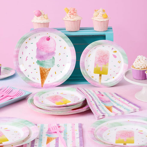 200 Summer 50 WERNNSAI Ice Cream Party Decorations - PCS Ice Cream Plates Napkins Forks Pink Sweet Themed Birthday