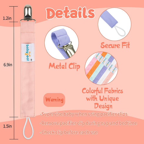 Babygoal Girl Pacifier Clips, 6 Pack Solid Color Holder Clips for Most Pacifier Styles, Baby Gift 6MP23