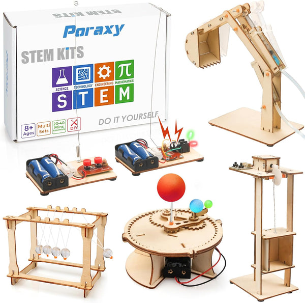 Poraxy 5 Set STEM Science Kits for Kids Age 8-12, Wooden Building Projects, 3D Puzzles, Experiment Crafts