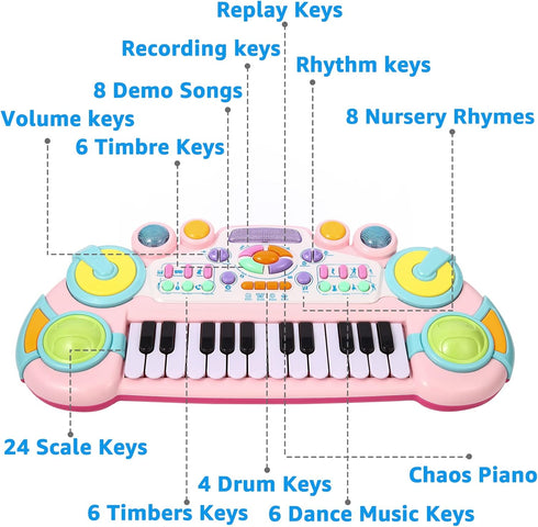 24 1-4 Toddler Piano Toy Keyboard, Keys Toy Piano for Baby, Multifunctional Baby Pianos Girl Toys Kids Keyboard