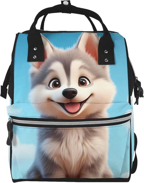 Qewfoju Blue Sky Cute Wolf Print Diaper Bag Backpack Large Capacity Diaper Backpack