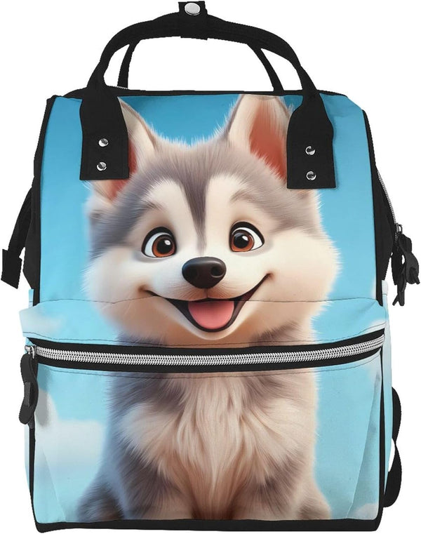 Qewfoju Blue Sky Cute Wolf Print Diaper Bag Backpack Large Capacity Diaper Backpack