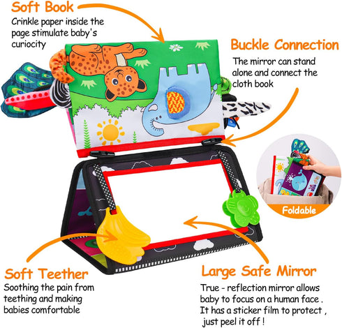 Baby Mirror Tummy Time Toy with Crinkle Cloth Book for Infants 0-3 Months, High Contrast Sensory Toy for 0-6 Months