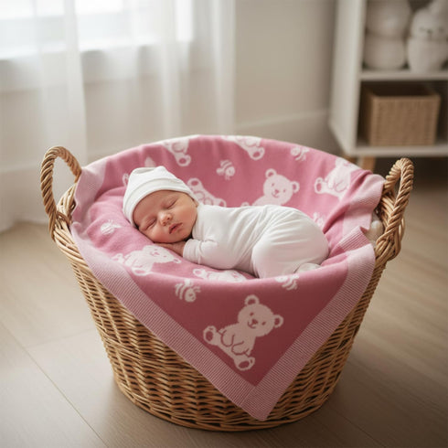 Cozy 30x40 Baby Knit Blanket Soft Cotton Blend with Bear and Bee Design Lightweight Infant Toddler Swaddle Nursery
