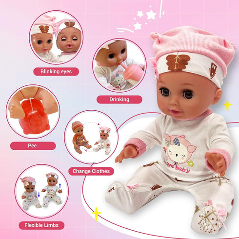 Set Playset 3 4 5 6 Baby Doll Toys with Stroller, Crib, Dining Chair, Realistic Doll Accessories for Kids Pretend Play