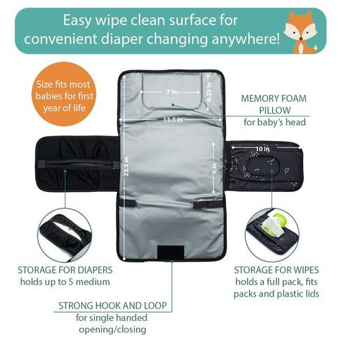 Lil Fox Portable Changing Pad - One-Hand Diaper Change Pad for Baby Diaper Bag or Changing Table. Unisex Baby Shower