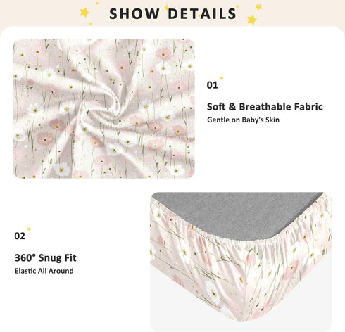 miaozhen 1 Pack 52x28 Cotton Baby Crib Sheets for Boys Girls Soft Comfy Naughty Grassland Floral Pink Playard Mattress