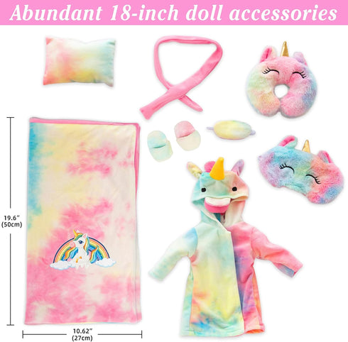 XFEYUE 18 inch Set 18 Inch American Doll Clothes and Sleeping Bag - Rainbow Unicorn Doll Costume with Unicorn Style