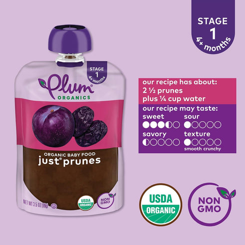 Plum Organics Stage 1 Organic Baby Food, Just Prunes, 3.5 Ounce Pouch, Pack of 4, Packaging May Vary