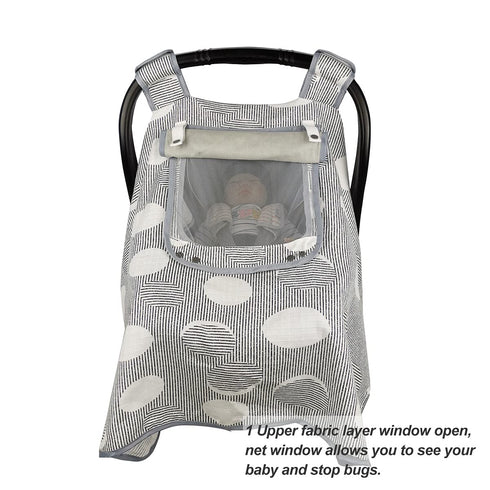ICOPUCA Muslin Car Seat Covers for Babies, Lightweight Kick Proof Canopy, Black Strip Polka, Fits Summer/Autumn/Spring