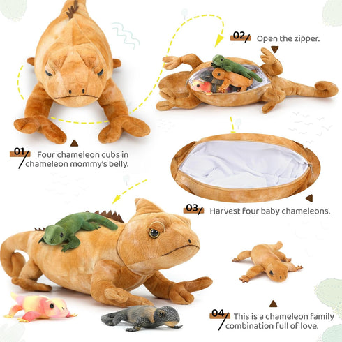 5Pcs 27" 4 Giant Lizard Plush, Mother Iguana Stuffed Animal with Baby Lizard Plushies, Bearded Dragon Plush Toy