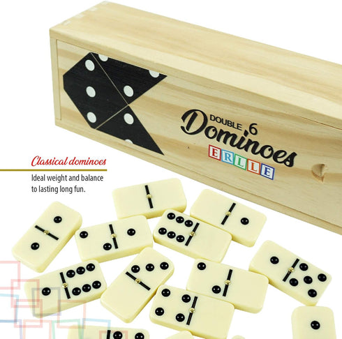 Set, 28-Piece Set ERLLE - Dominoes Premium Classic Double Six Domino with Wooden Case, Family & Kids Board Game