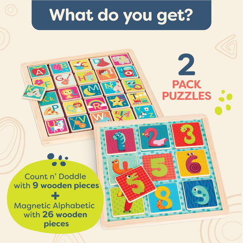 B. toys Puzzle Pals, Magnetic Wooden Puzzles, Alphabet & Number Double-Sided Puzzles, Educational Toys for Kids 3+
