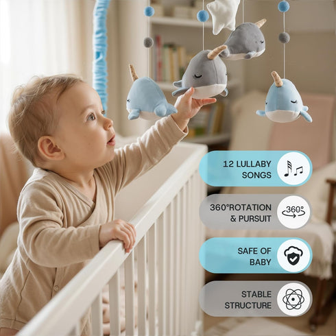 JolyRolyPal Set 12 Crib Mobile for Boys and Girls, Whale Mobile with Mobile Arm and Lullabies for Baby, Ocean Animal