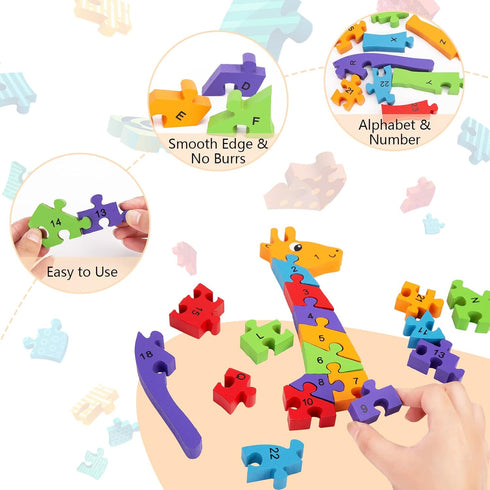 LovesTown Giraffe Wooden Puzzle - 26PCS Jigsaw Puzzle with Alphabet and Number Blocks for Preschool Kids