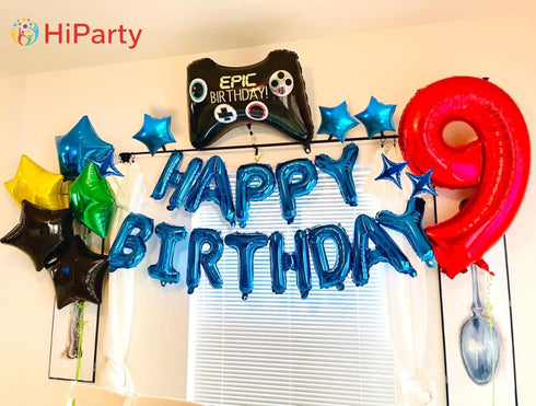 Blue Happy Birthday Balloons Banner, Mylar 3D Foil Letter Banners & 6 Star Balloons, 3-in-1 Party Decorations for Kids