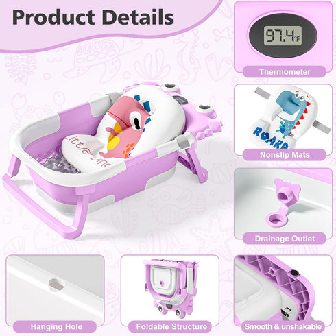 wiqins 0-36 Collapsible Baby Bathtub for Newborns with Thermometer and Soft Floating Cushion Portable and Foldable