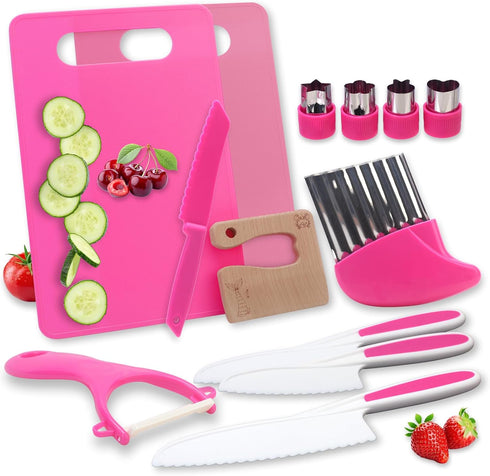 13 Pieces Montessori Kitchen Tools for Toddlers-Kids Cooking Sets Real-Toddler Safe Knives Set for Real Cooking with Plastic Toddler Safe Knives Crinkle Cutter Kids Cutting Board Gifts for Girls by WaterSummer