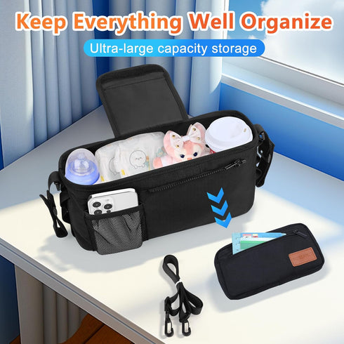 Guiseapue Universal Stroller Organizer with Cup Holder Detachable Phone Bag and Shoulder Strap, Stroller Caddy Fits for Stroller Accessories like Uppababy, Baby Jogger, Doona, Nuna Stroller