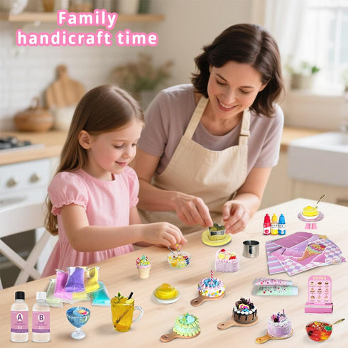 Set, 14Pcs 8+ Mini Bake Shop DIY Toy Making Pretend Desserts & Cakes, Resin & Clay Kitchen Play Kit, Scene Display