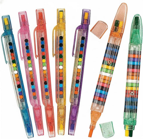 Fun Express Glitter Stacking Crayons for Kids - 12 Pack of Rainbow