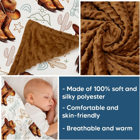(01) Western Baby Blanket, Cowboy Minky Blankets for Boys Girls, Nursery Room Decor, Soft Warm Lightweight Nursery Bed