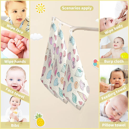 Msyxl 3 Pack 12x12in Colorful Seashells Baby Washcloths Soft Face Towel Absorbent Bath Wash Cloths for Newborn Infants