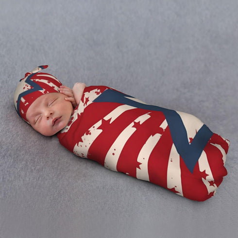 Star Stripes Baby Swaddle Blanket with Beanie Set, Newborn Receiving Blankets 35.4"X 35.4" USA Flag Soft Wrap Gift