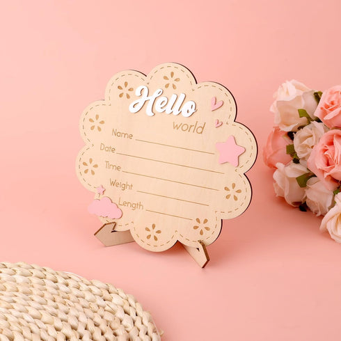 Penitue Hello World Newborn Signs, Wood Cute Baby Welcome Announcement Sign with Holder Birth Name Plaque for Photo