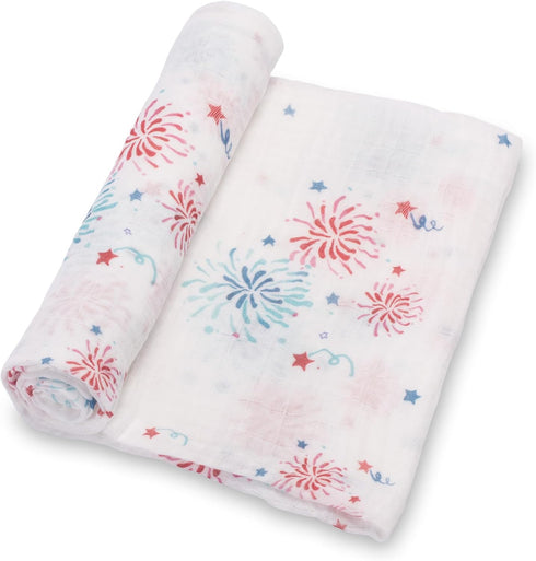 Swaddle Blanket, 100% Cotton Muslin, Soft Baby Blanket 47 x 47 inches, 4th of July Outfit, Fireworks Print