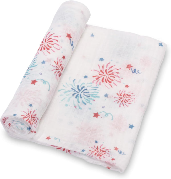 Swaddle Blanket, 100% Cotton Muslin, Soft Baby Blanket 47 x 47 inches, 4th of July Outfit, Fireworks Print